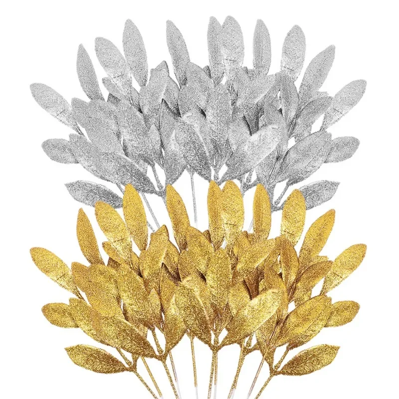 Christmas Wreath Fake - 10PCS Haste de folha artificial brilhante,
